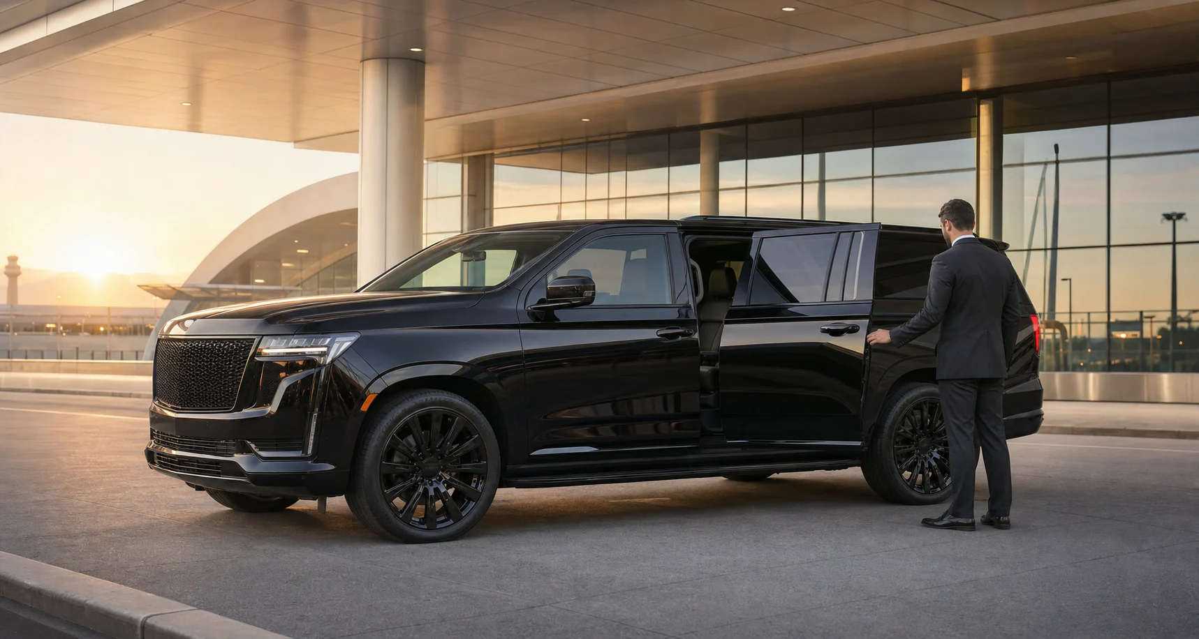 Aureline black executive SUV with a chauffeur at an airport terminal