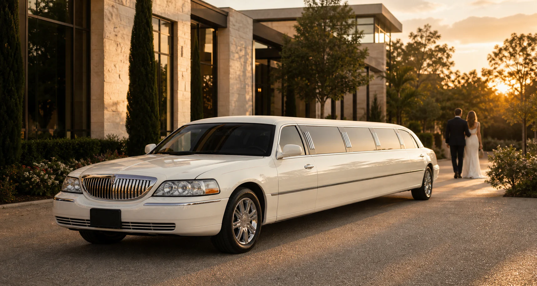 Aureline Pearl white stretch limousine at a wedding venue
